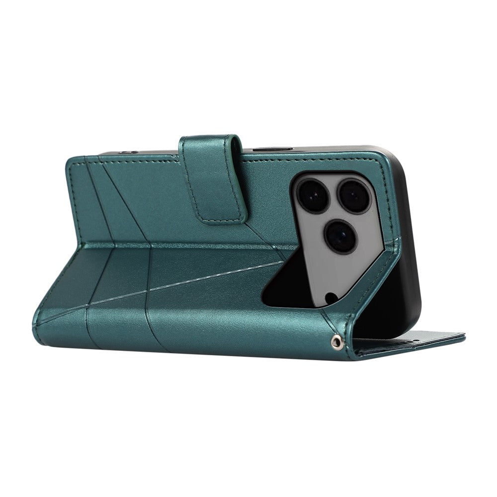 For iPhone 17 Pro Max Phone Case Line Imprint Leather Wallet Cover with Wrist Strap - Green