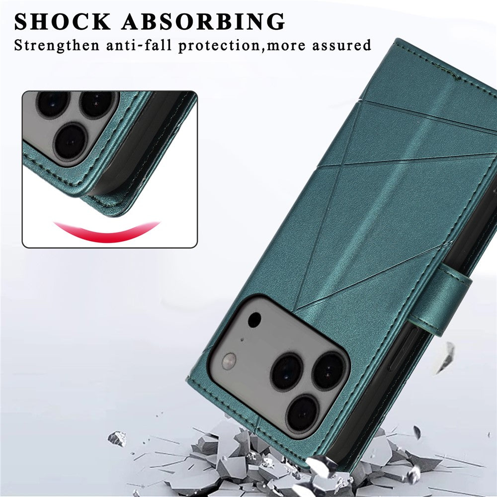 For iPhone 17 Pro Max Phone Case Line Imprint Leather Wallet Cover with Wrist Strap - Green