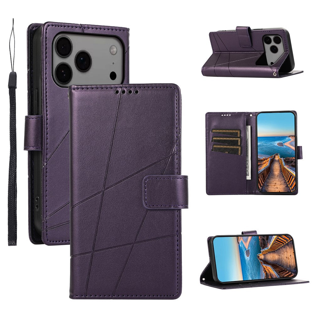 For iPhone 17 Pro Max Phone Case Line Imprint Leather Wallet Cover with Wrist Strap - Purple