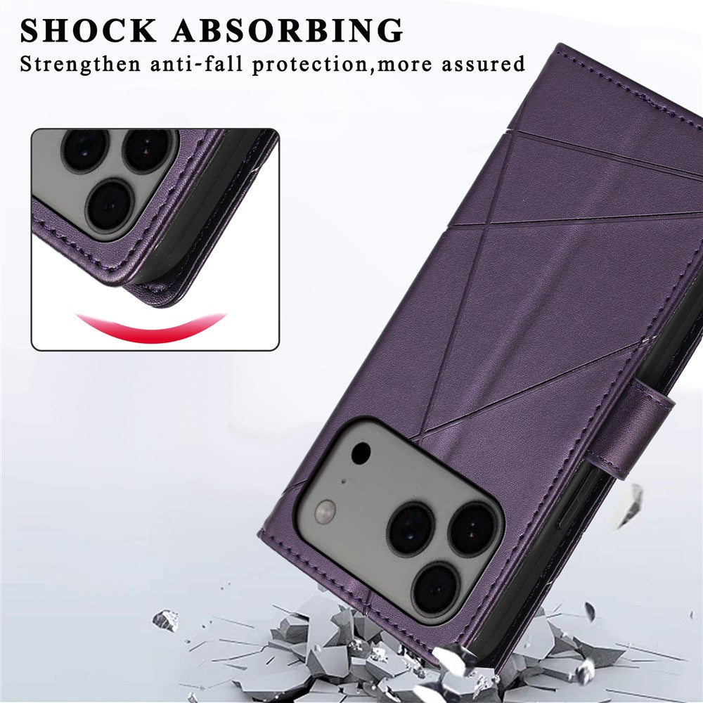 For iPhone 17 Pro Max Phone Case Line Imprint Leather Wallet Cover with Wrist Strap - Purple