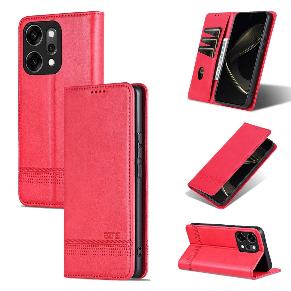 AZNS For Oppo Reno14 Pro 5G (Global) Case Cowhide Texture PU Leather Wallet Phone Cover - Red