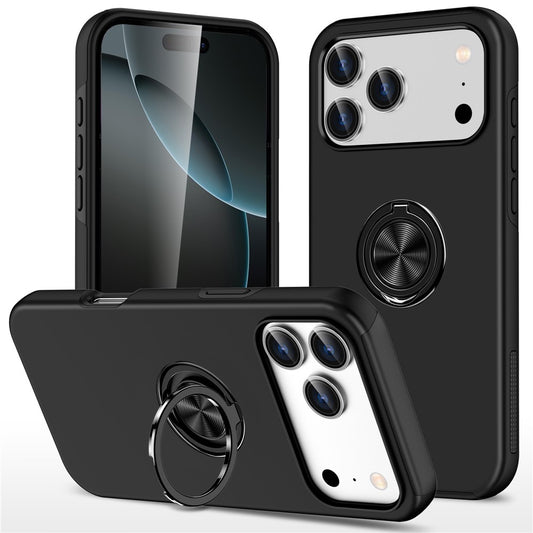 For iPhone 17 Pro Max Case PC + TPU Phone Cover with Rotatable Ring Holder - Black