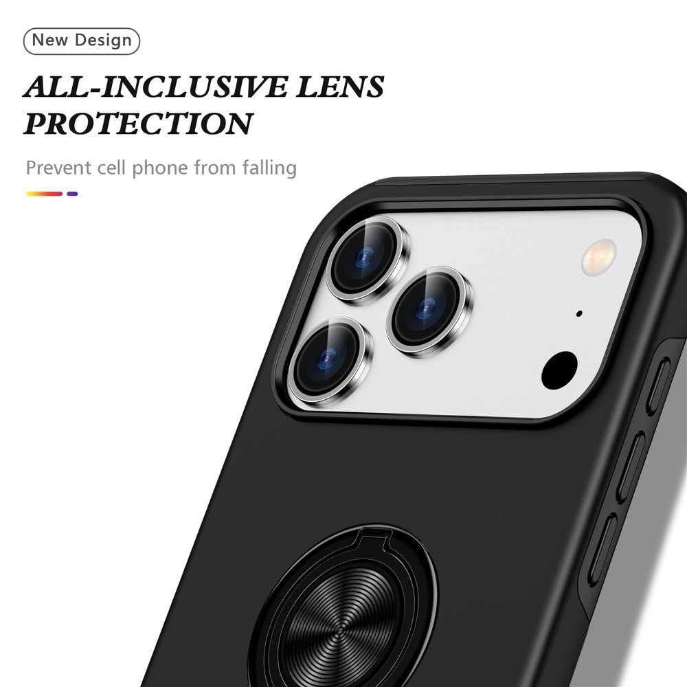 For iPhone 17 Pro Max Case PC + TPU Phone Cover with Rotatable Ring Holder - Black