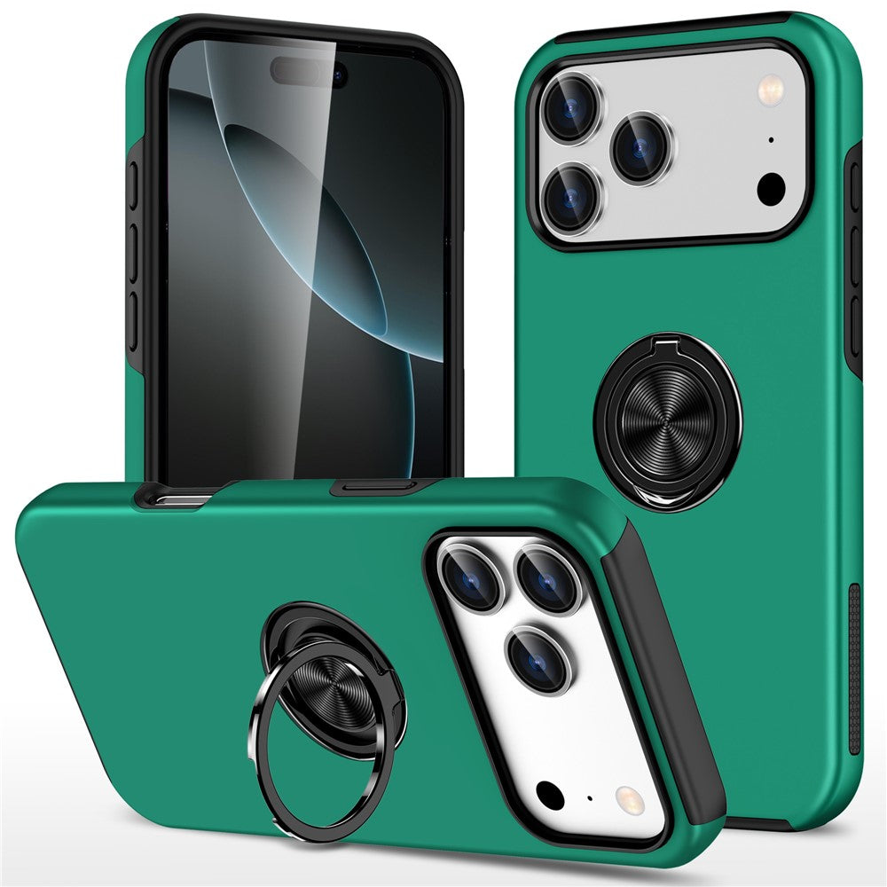 For iPhone 17 Pro Max Case PC + TPU Phone Cover with Rotatable Ring Holder - Blackish Green