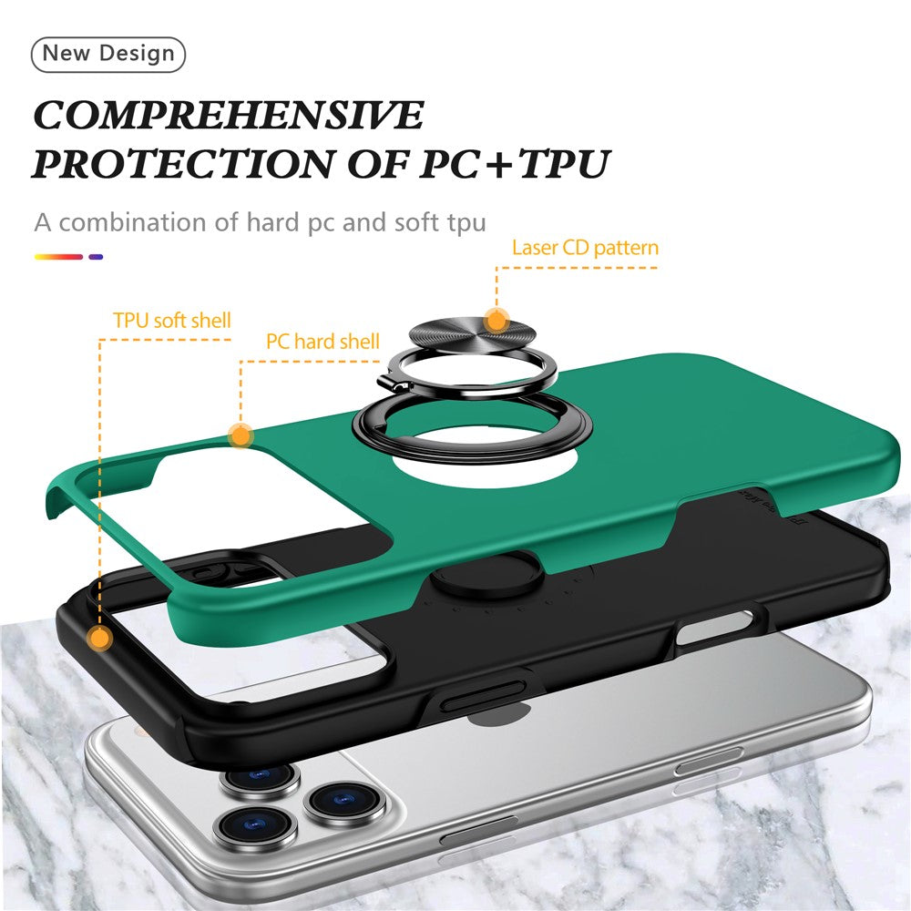 For iPhone 17 Pro Max Case PC + TPU Phone Cover with Rotatable Ring Holder - Blackish Green
