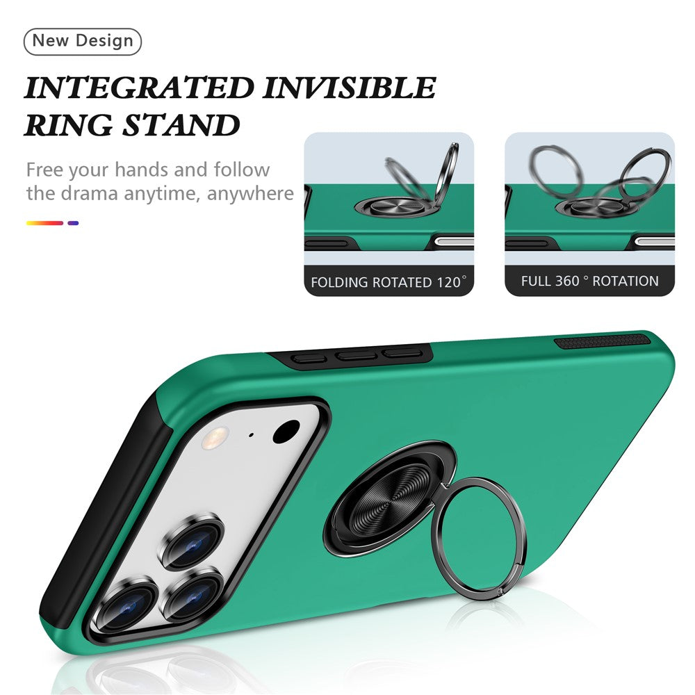 For iPhone 17 Pro Max Case PC + TPU Phone Cover with Rotatable Ring Holder - Blackish Green