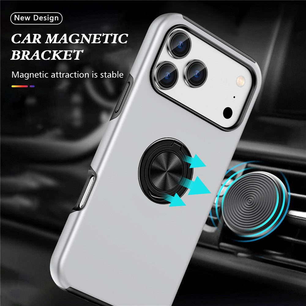 For iPhone 17 Pro Max Case PC + TPU Phone Cover with Rotatable Ring Holder - Silver