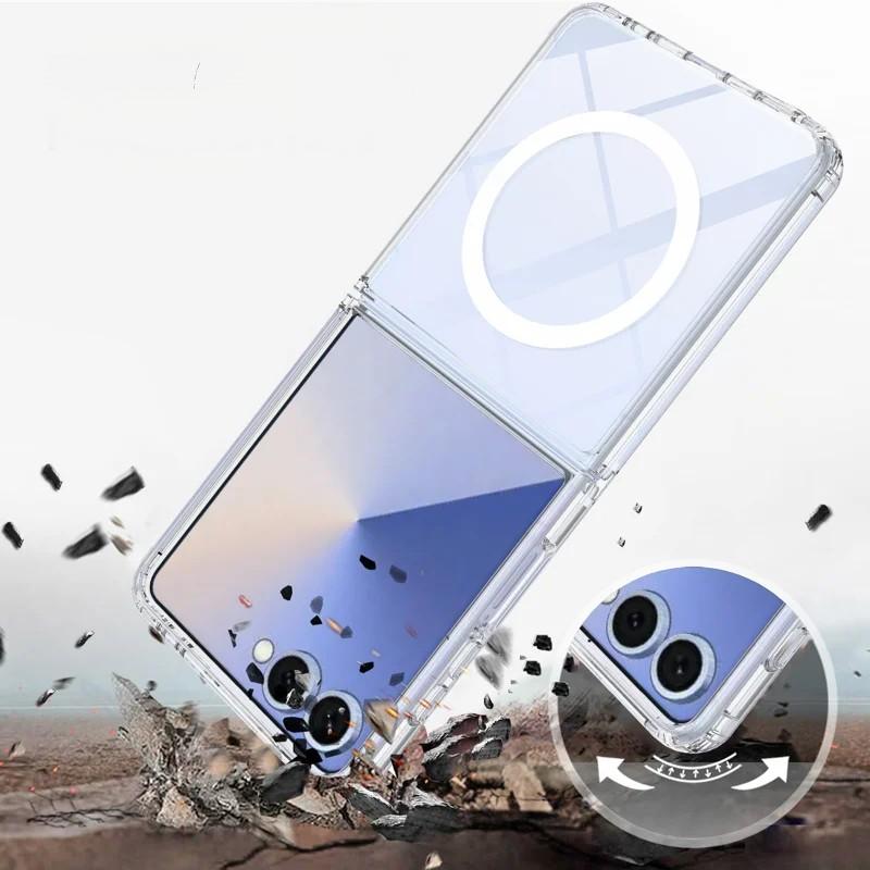 For Samsung Galaxy Z Flip7 5G Clear Case Compatible with MagSafe WANLONFENG LM2 Series Phone Cover (Big Lens Hole) - Transparent