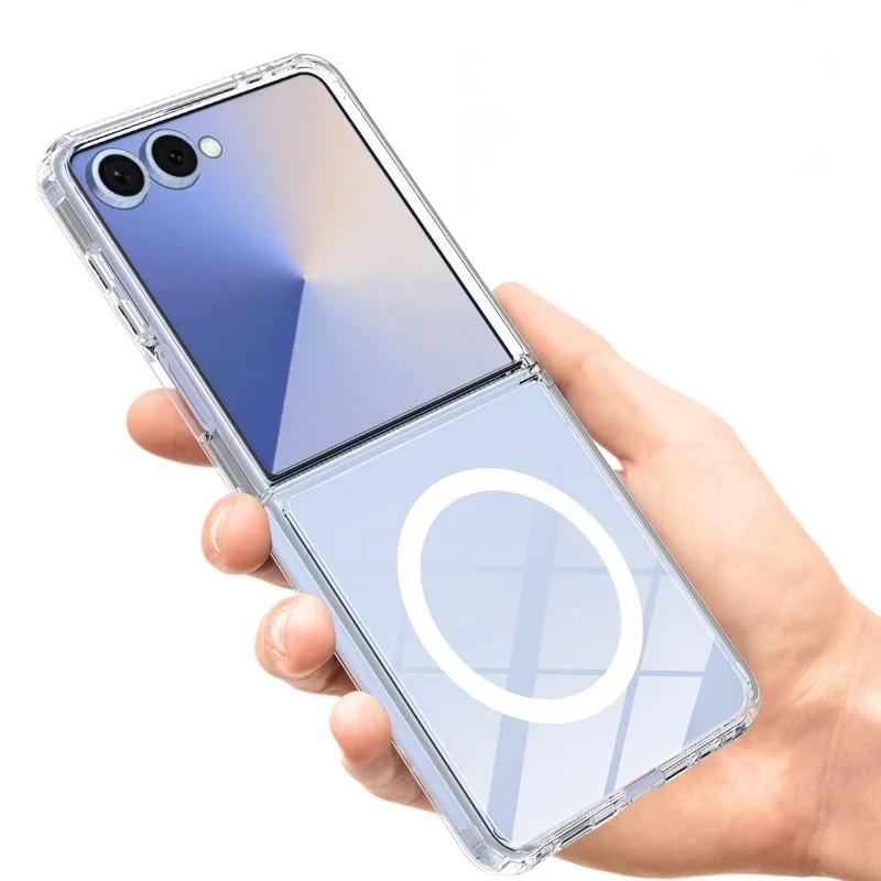 For Samsung Galaxy Z Flip7 5G Clear Case Compatible with MagSafe WANLONFENG LM2 Series Phone Cover (Big Lens Hole) - Transparent