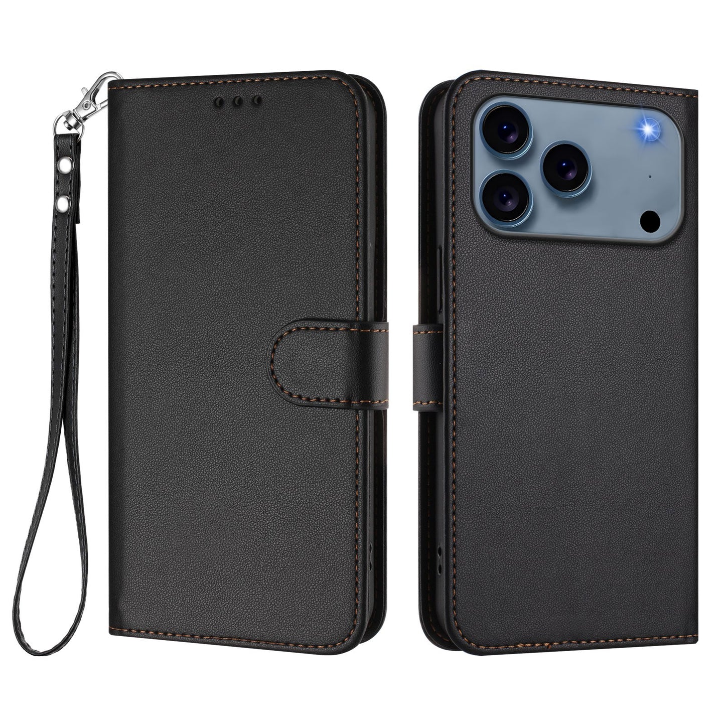 For iPhone 17 Pro Max Leather Case Wallet Stand Phone Cover with Wrist Strap - Black