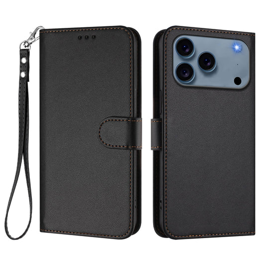 For iPhone 17 Pro Max Leather Case Wallet Stand Phone Cover with Wrist Strap - Black