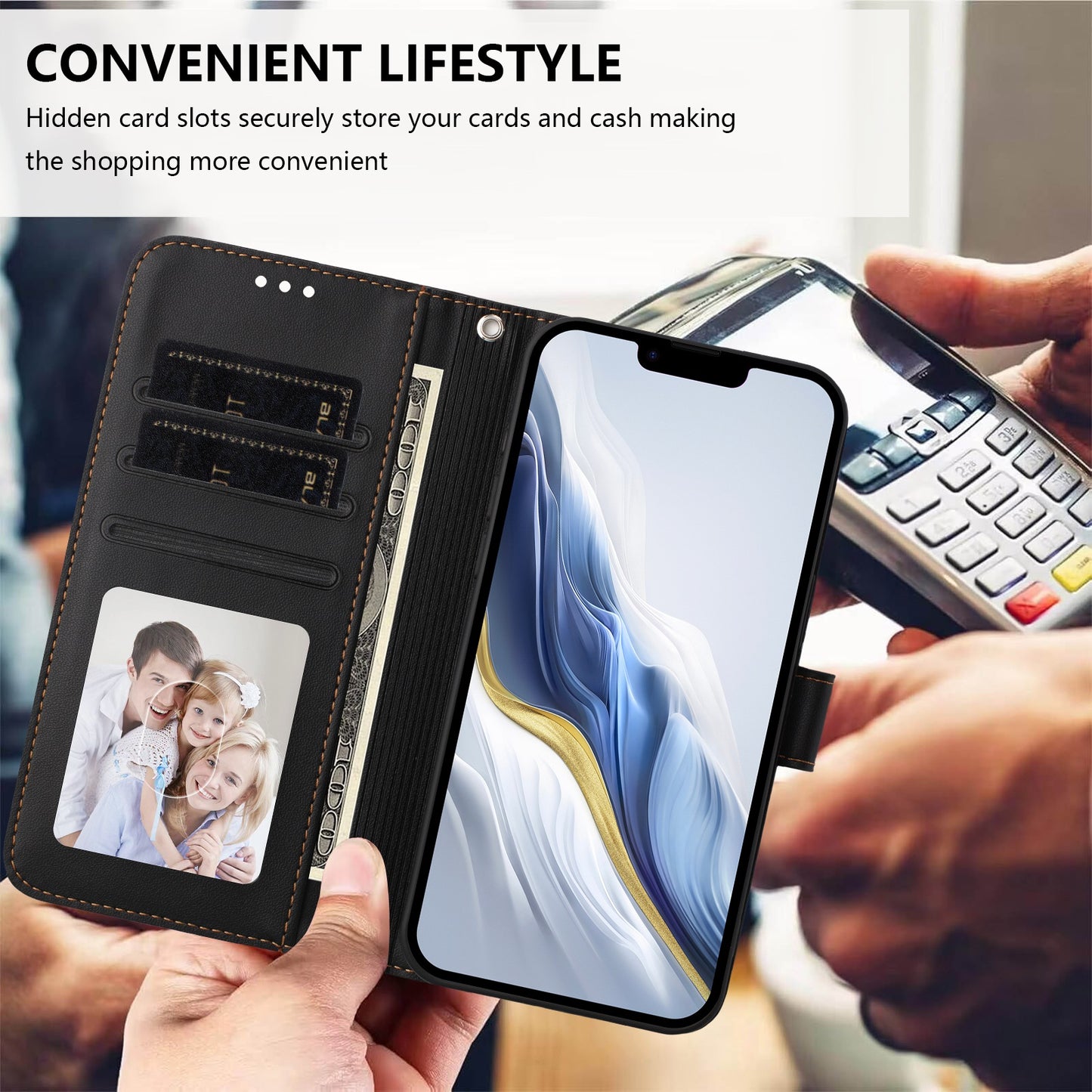 For iPhone 17 Pro Max Leather Case Wallet Stand Phone Cover with Wrist Strap - Black