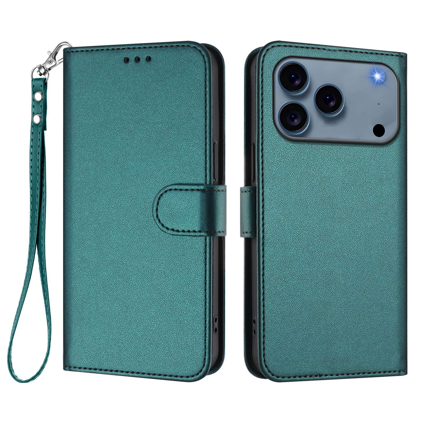 For iPhone 17 Pro Max Leather Case Wallet Stand Phone Cover with Wrist Strap - Green