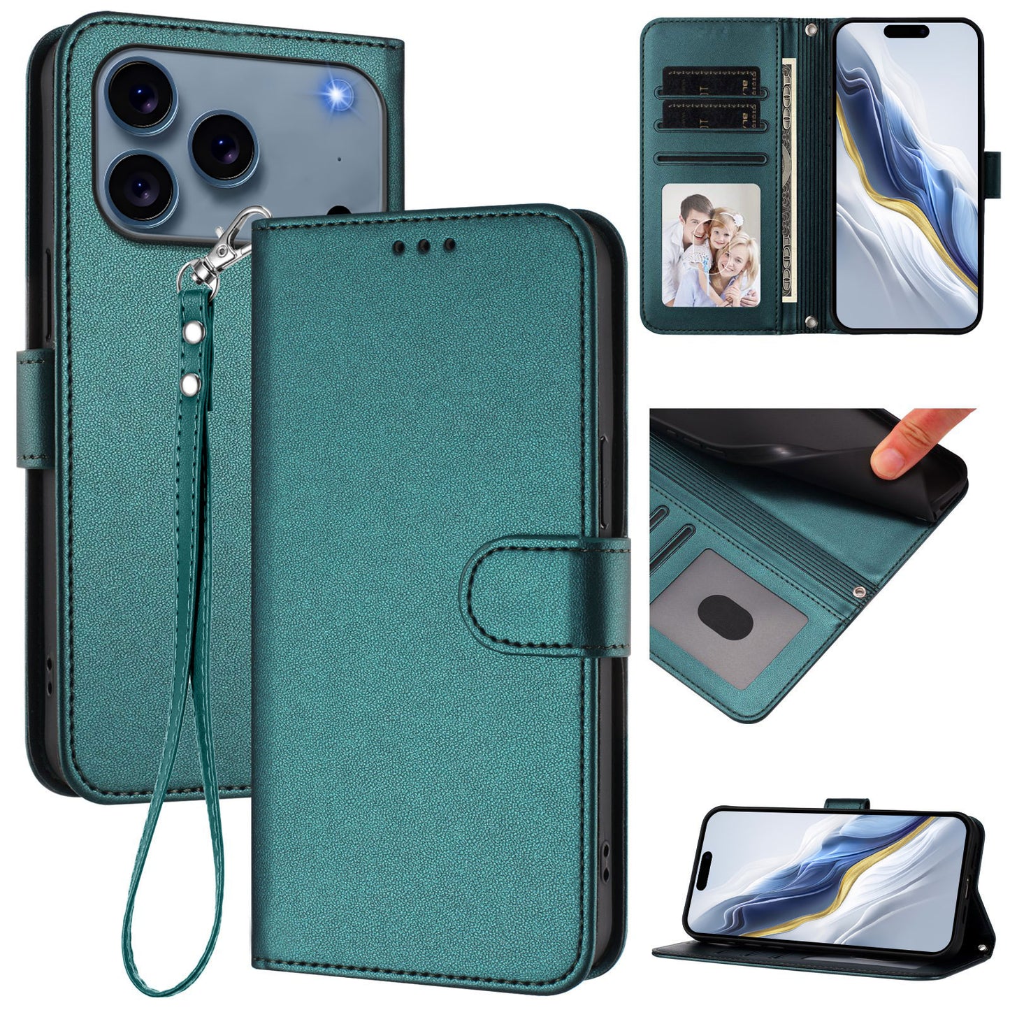For iPhone 17 Pro Max Leather Case Wallet Stand Phone Cover with Wrist Strap - Green