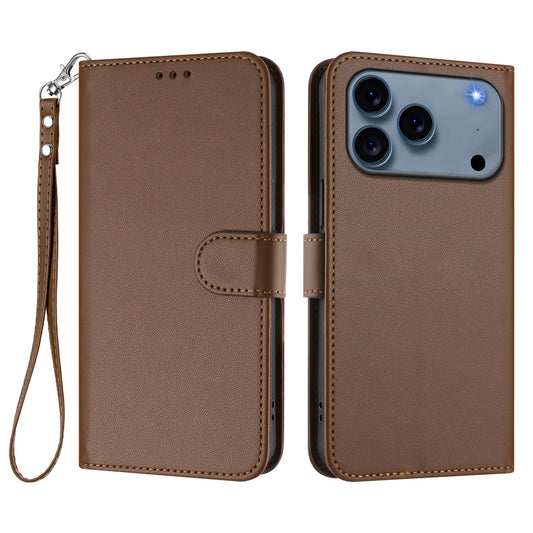 For iPhone 17 Pro Max Leather Case Wallet Stand Phone Cover with Wrist Strap - Brown