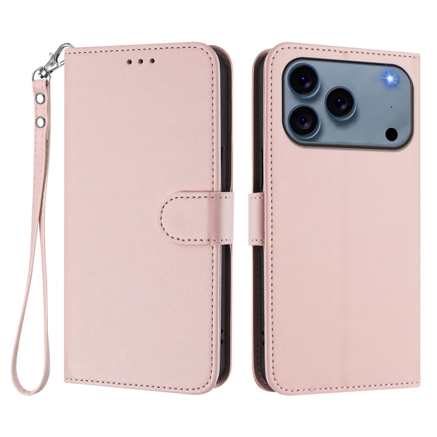 For iPhone 17 Pro Max Leather Case Wallet Stand Phone Cover with Wrist Strap - Pink