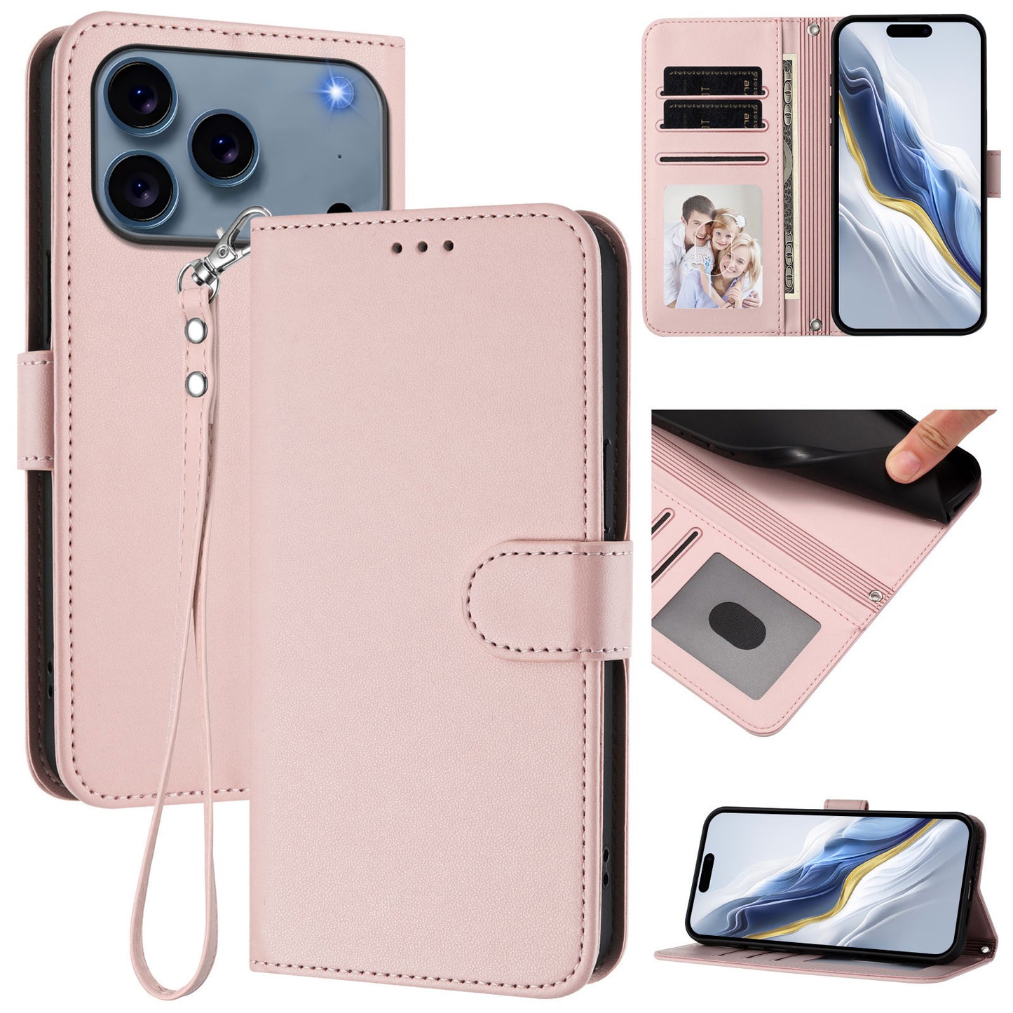 For iPhone 17 Pro Max Leather Case Wallet Stand Phone Cover with Wrist Strap - Pink