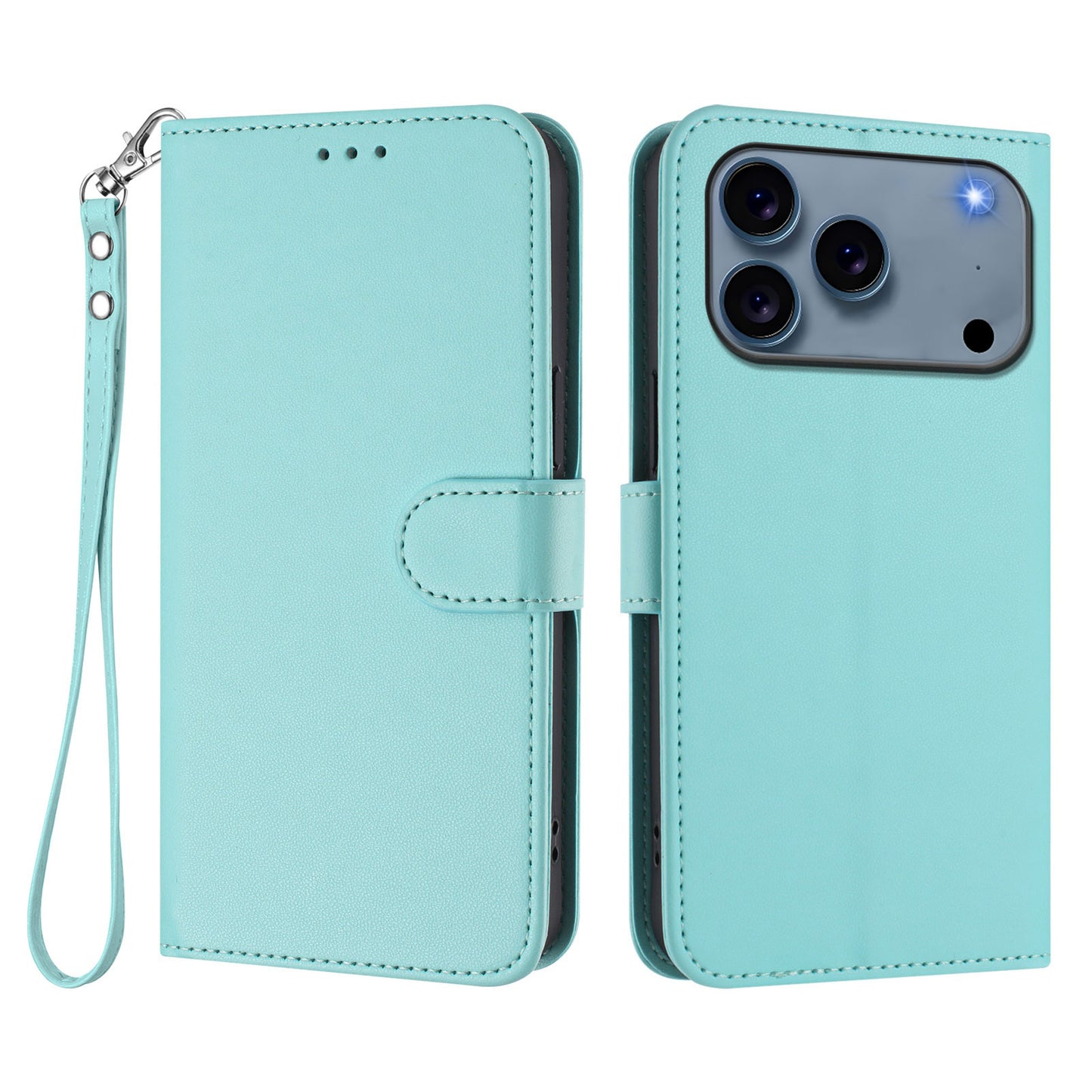For iPhone 17 Pro Max Leather Case Wallet Stand Phone Cover with Wrist Strap - Mint Green