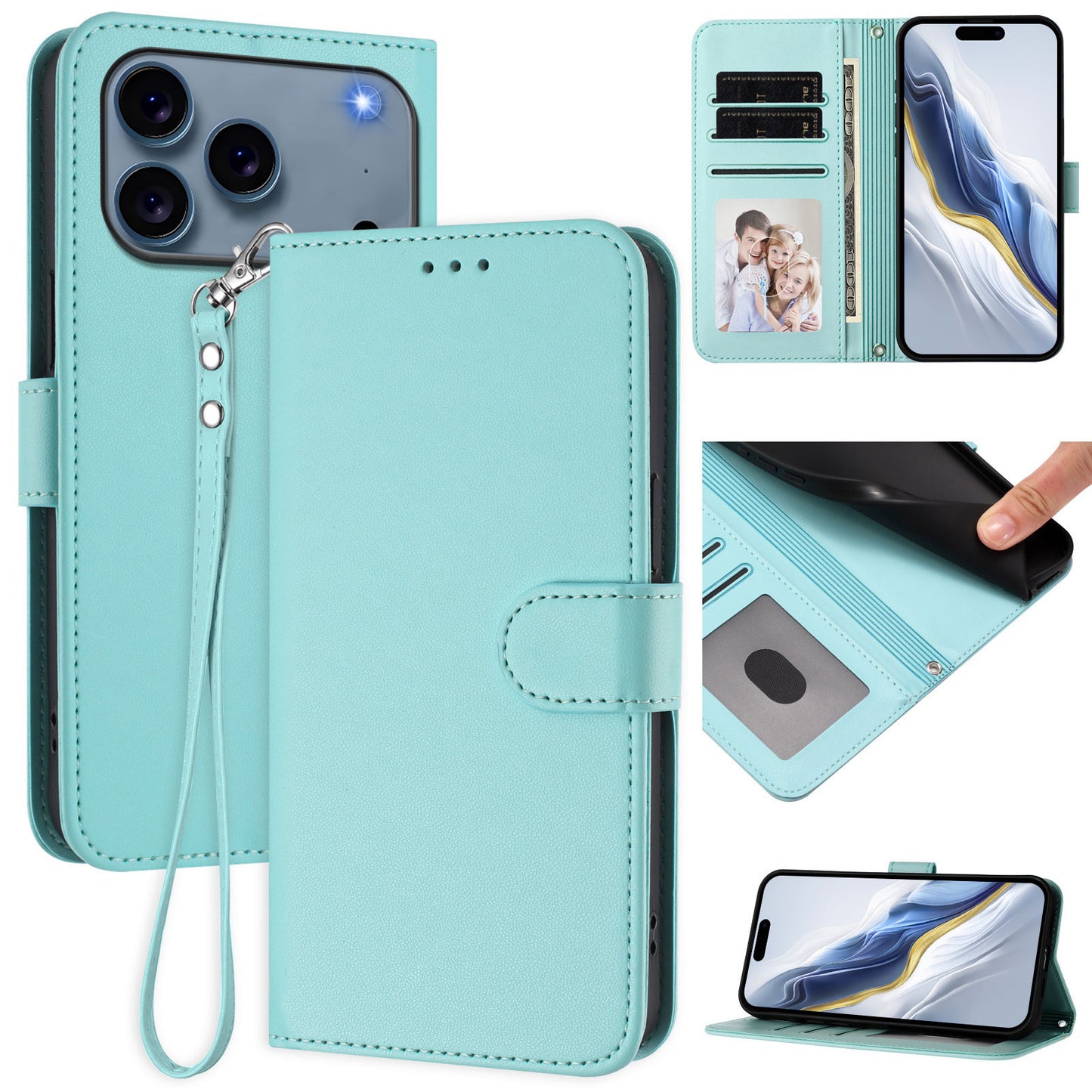 For iPhone 17 Pro Max Leather Case Wallet Stand Phone Cover with Wrist Strap - Mint Green