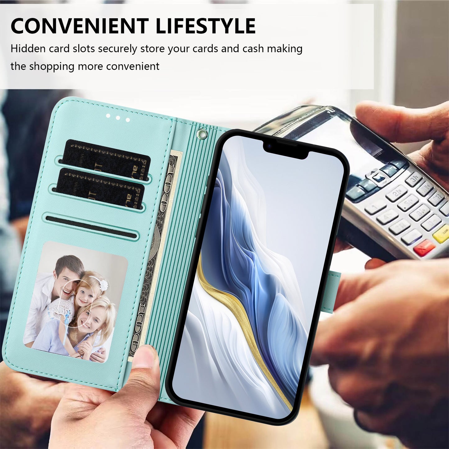 For iPhone 17 Pro Max Leather Case Wallet Stand Phone Cover with Wrist Strap - Mint Green