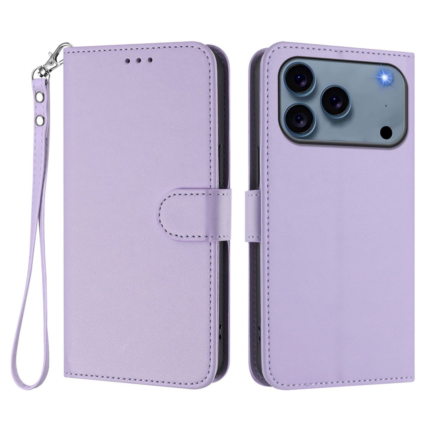 For iPhone 17 Pro Max Leather Case Wallet Stand Phone Cover with Wrist Strap - Light Purple