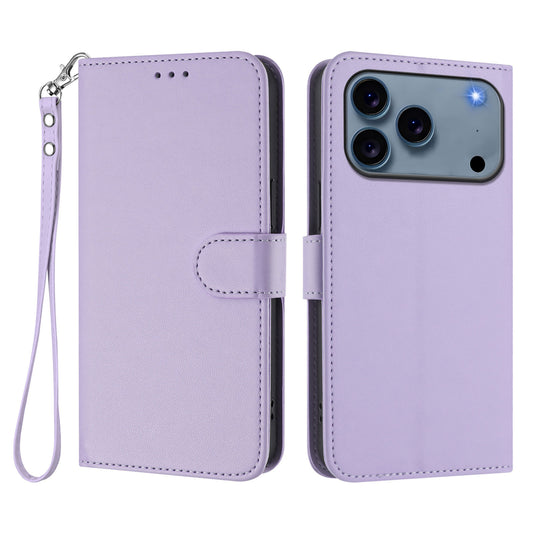 For iPhone 17 Pro Max Leather Case Wallet Stand Phone Cover with Wrist Strap - Light Purple