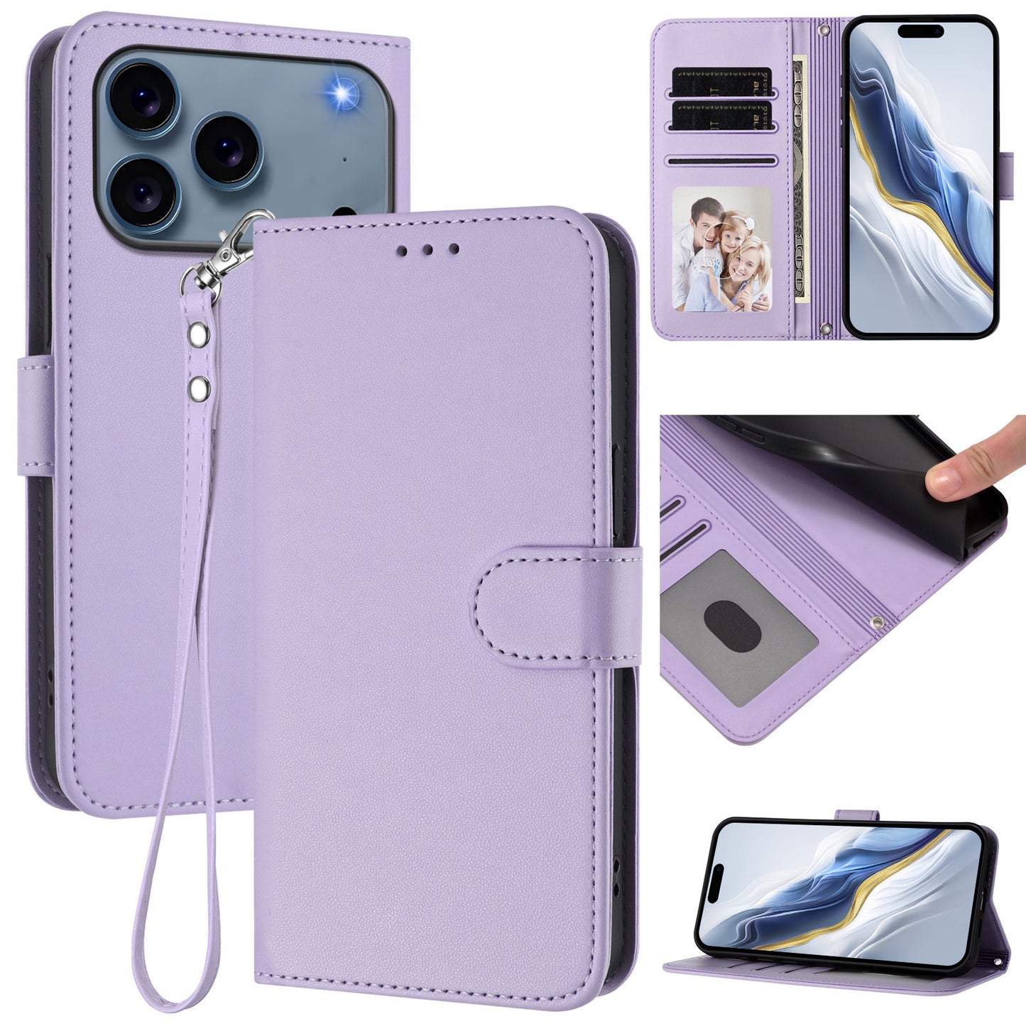 For iPhone 17 Pro Max Leather Case Wallet Stand Phone Cover with Wrist Strap - Light Purple