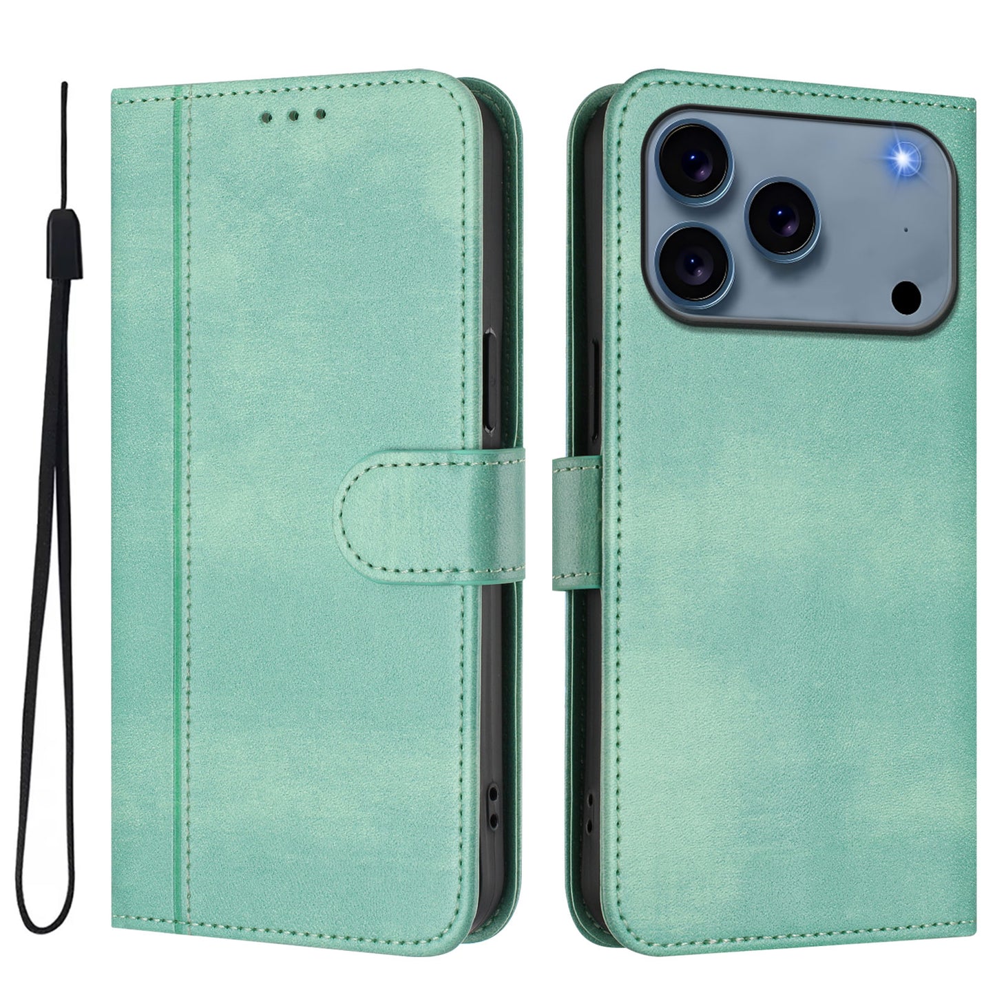 For iPhone 17 Pro Max Cases Wallet Stand Retro Texture Leather Phone Cover with Lanyard - Mint Green
