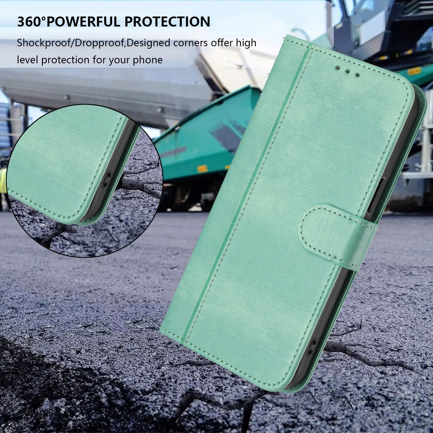For iPhone 17 Pro Max Cases Wallet Stand Retro Texture Leather Phone Cover with Lanyard - Mint Green