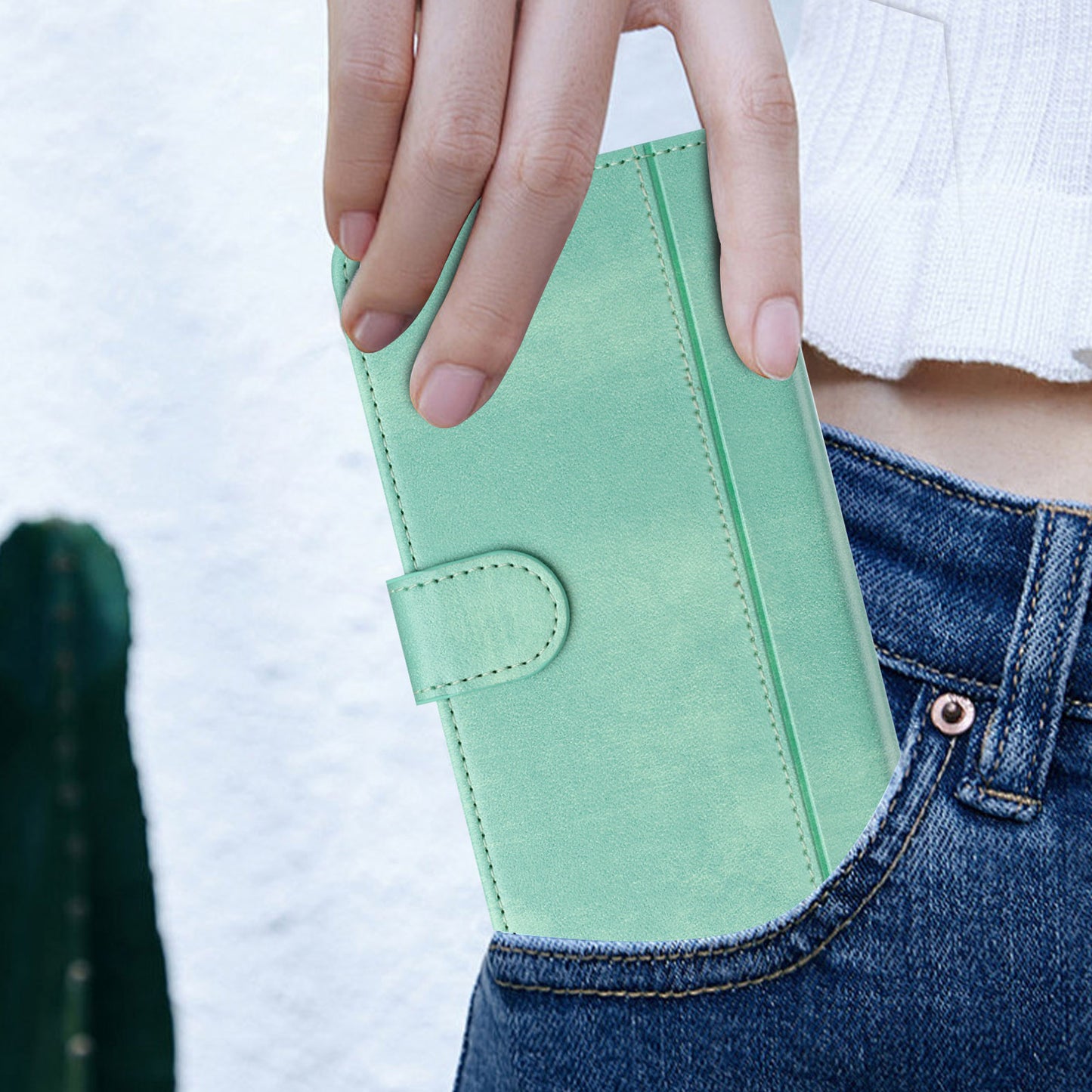 For iPhone 17 Pro Max Cases Wallet Stand Retro Texture Leather Phone Cover with Lanyard - Mint Green