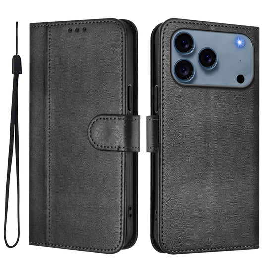 For iPhone 17 Pro Max Cases Wallet Stand Retro Texture Leather Phone Cover with Lanyard - Black