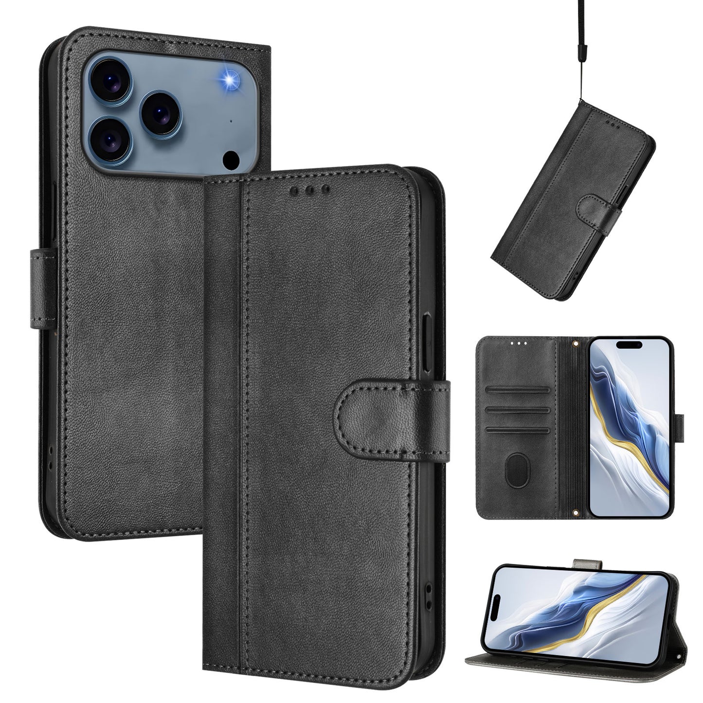 For iPhone 17 Pro Max Cases Wallet Stand Retro Texture Leather Phone Cover with Lanyard - Black