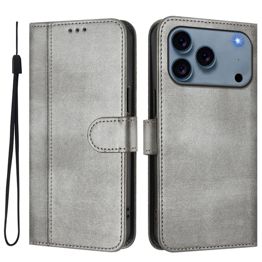 For iPhone 17 Pro Max Cases Wallet Stand Retro Texture Leather Phone Cover with Lanyard - Grey