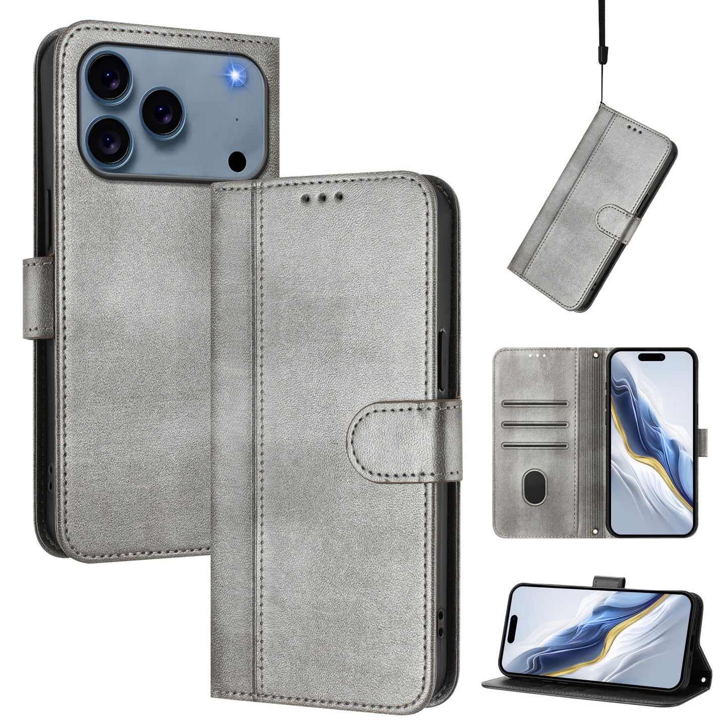 For iPhone 17 Pro Max Cases Wallet Stand Retro Texture Leather Phone Cover with Lanyard - Grey