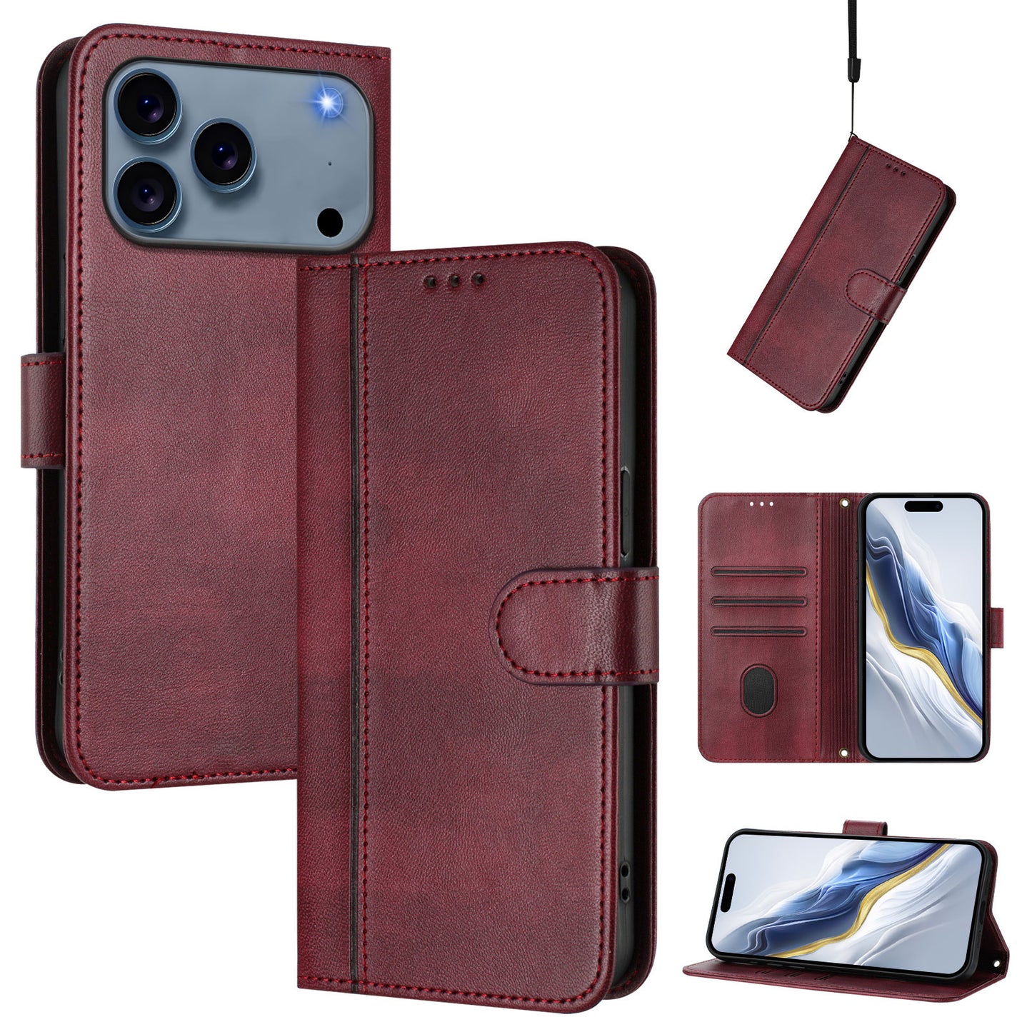 For iPhone 17 Pro Max Cases Wallet Stand Retro Texture Leather Phone Cover with Lanyard - Wine Red
