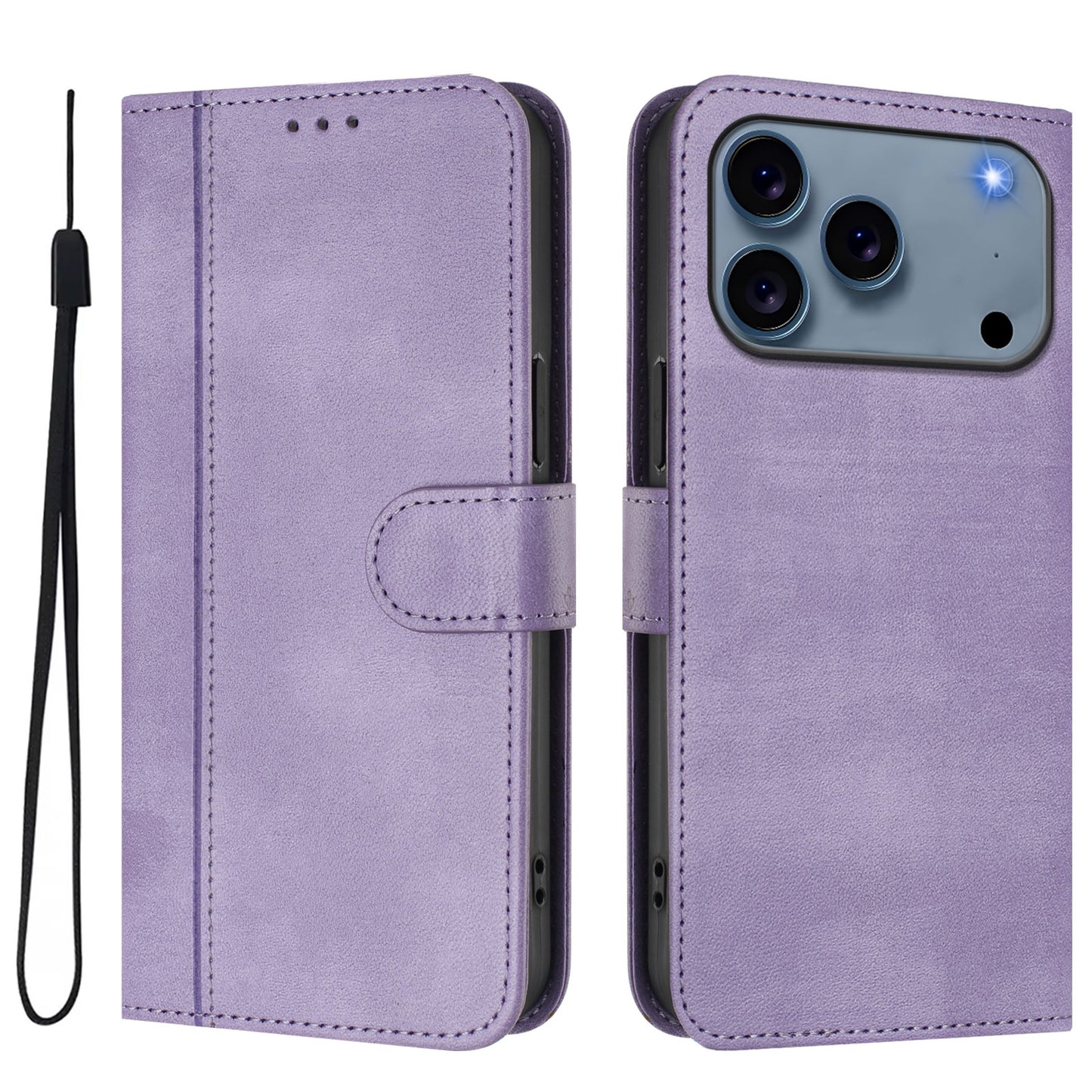 For iPhone 17 Pro Max Cases Wallet Stand Retro Texture Leather Phone Cover with Lanyard - Light Purple