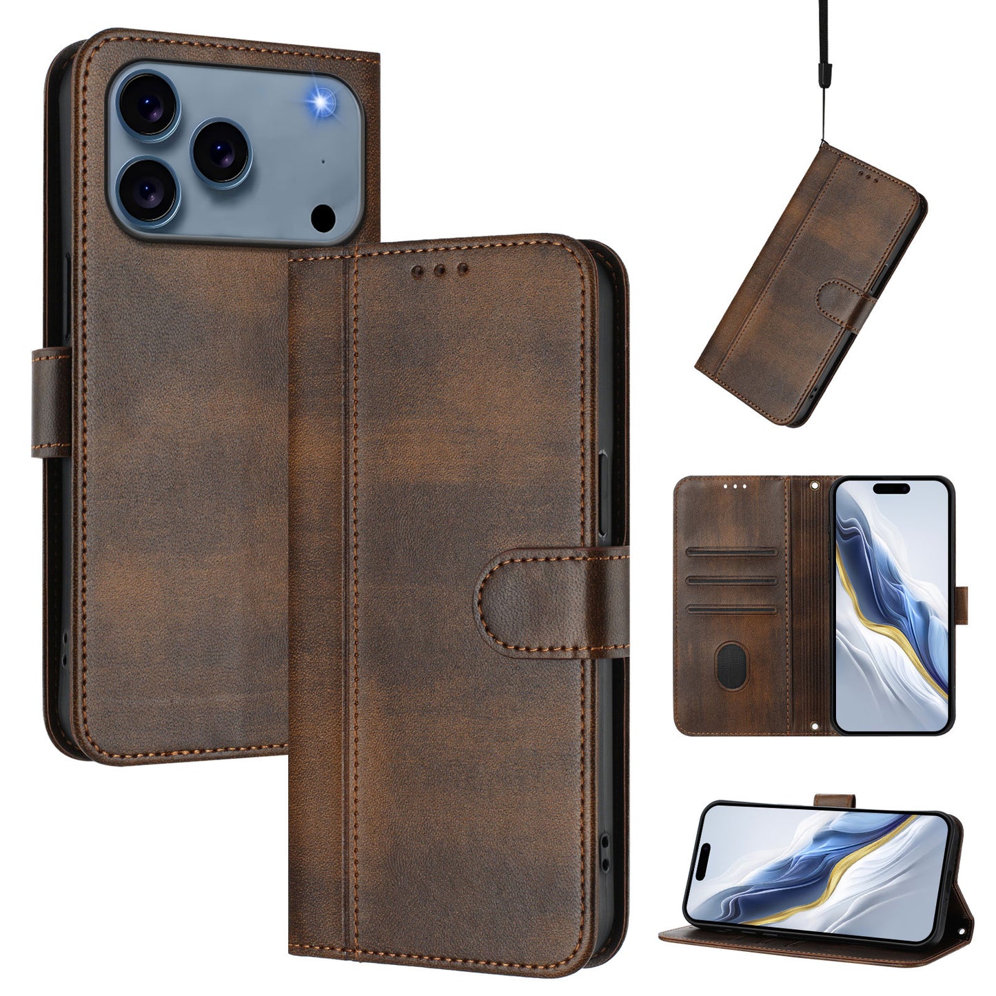 For iPhone 17 Pro Max Cases Wallet Stand Retro Texture Leather Phone Cover with Lanyard - Brown