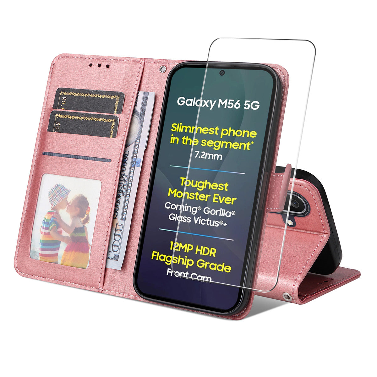 For Samsung Galaxy M56 5G PU Leather Wallet Case ENKAY HAT PRINCE Phone Stand Cover with Tempered Glass - Pink