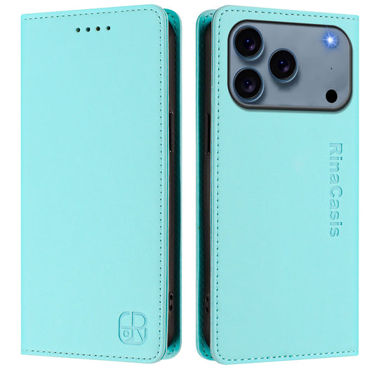 For iPhone 17 Pro Max Leather Case RINACASIS RC01 Phone Cover with RFID Blocking Wallet Stand - Mint Green