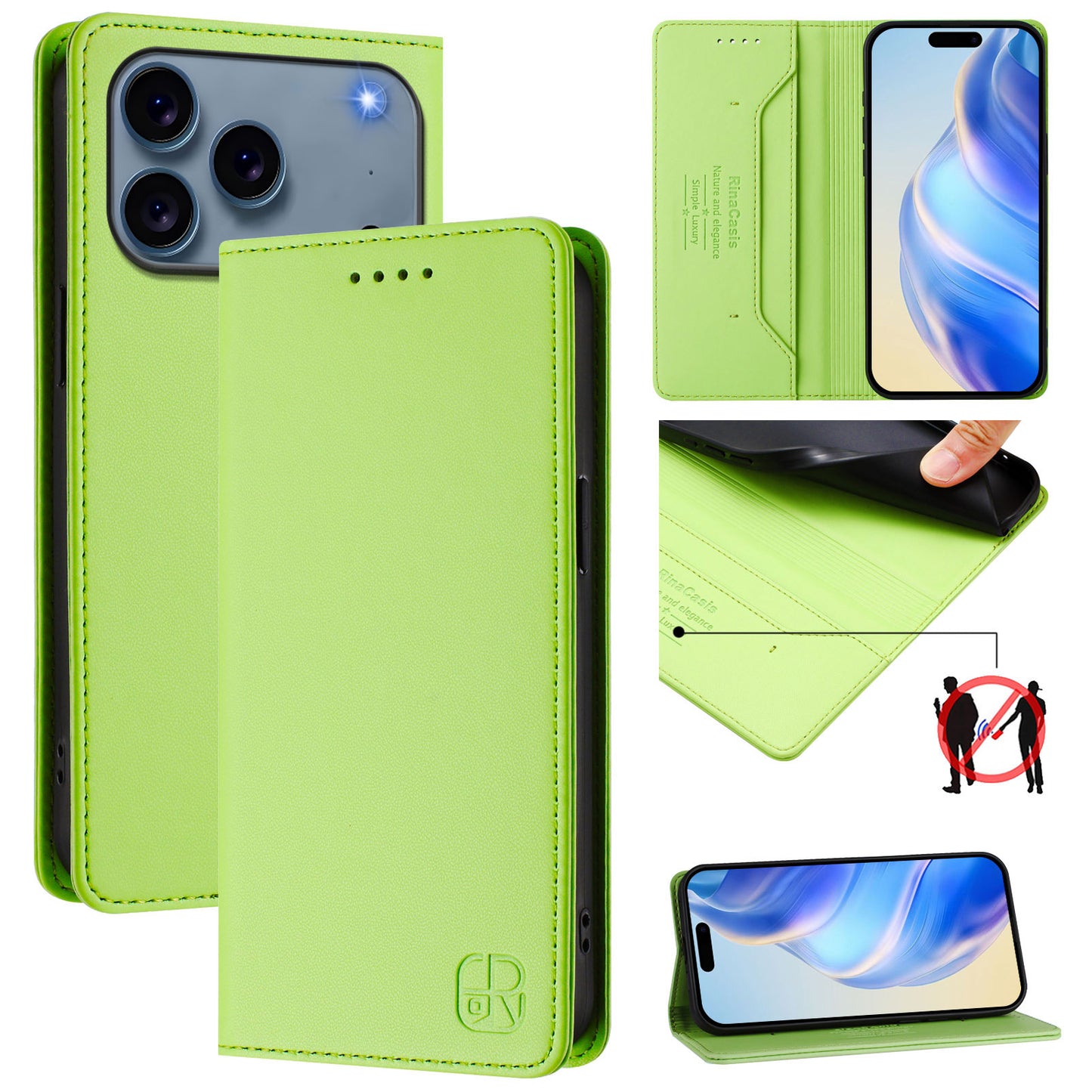 For iPhone 17 Pro Max Leather Case RINACASIS RC01 Phone Cover with RFID Blocking Wallet Stand - Green