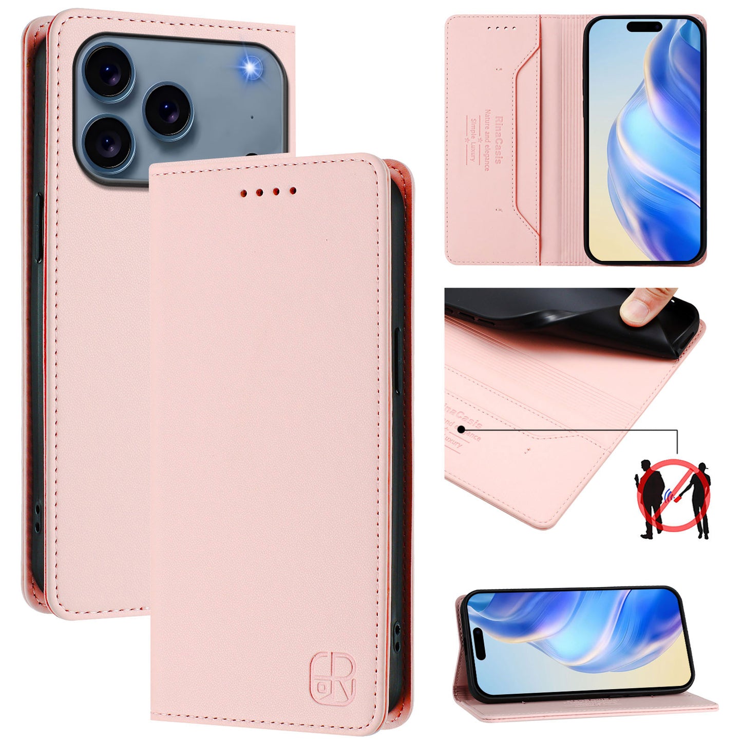 For iPhone 17 Pro Max Leather Case RINACASIS RC01 Phone Cover with RFID Blocking Wallet Stand - Pink
