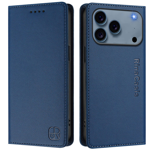 For iPhone 17 Pro Max Leather Case RINACASIS RC01 Phone Cover with RFID Blocking Wallet Stand - Dark Blue