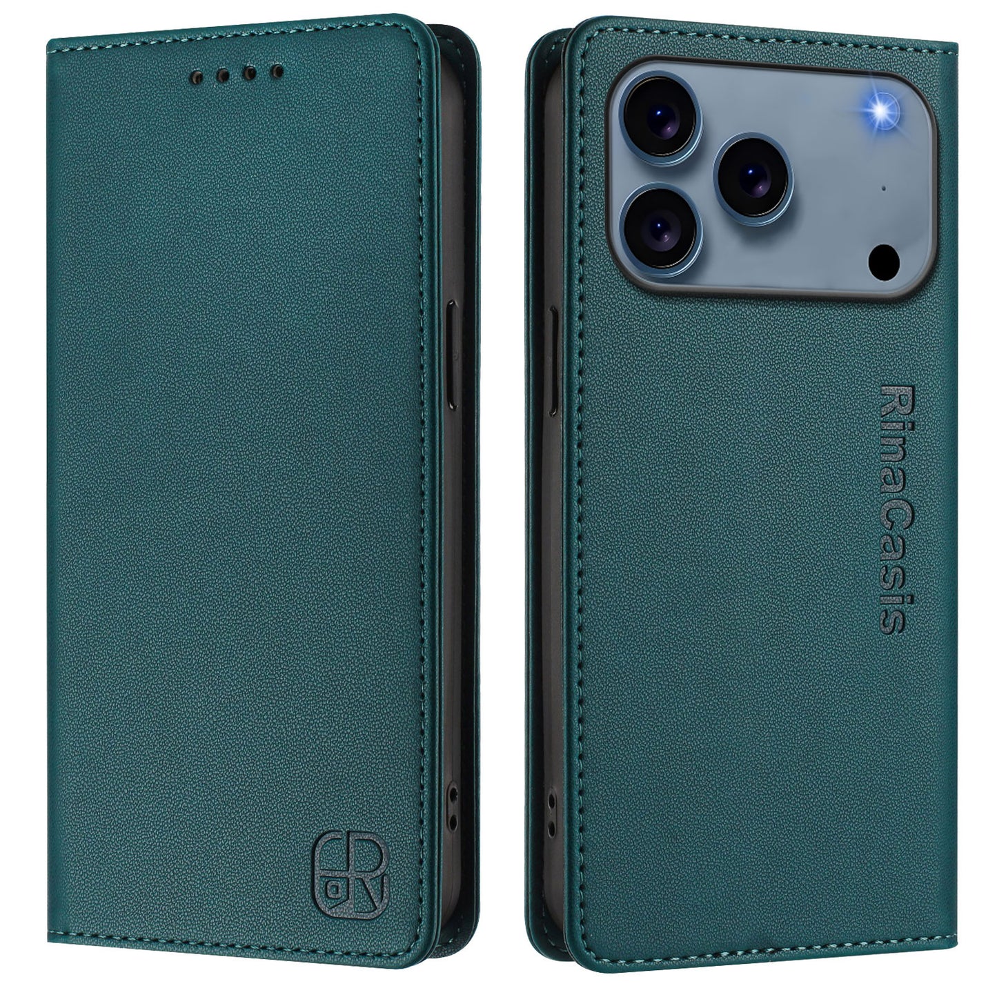 For iPhone 17 Pro Max Leather Case RINACASIS RC01 Phone Cover with RFID Blocking Wallet Stand - Dark Green