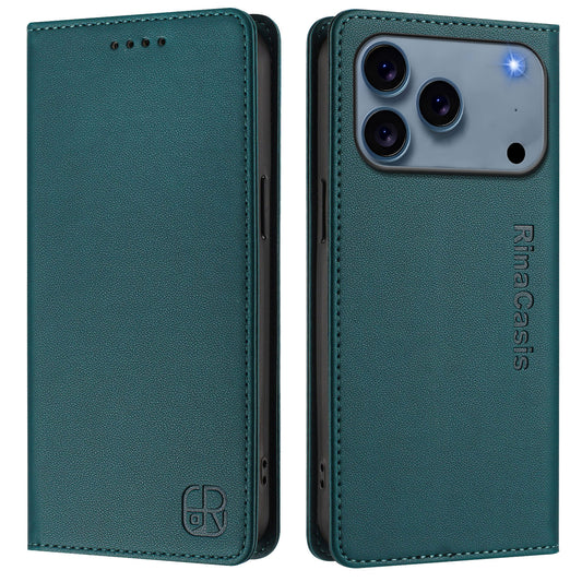 For iPhone 17 Pro Max Leather Case RINACASIS RC01 Phone Cover with RFID Blocking Wallet Stand - Dark Green