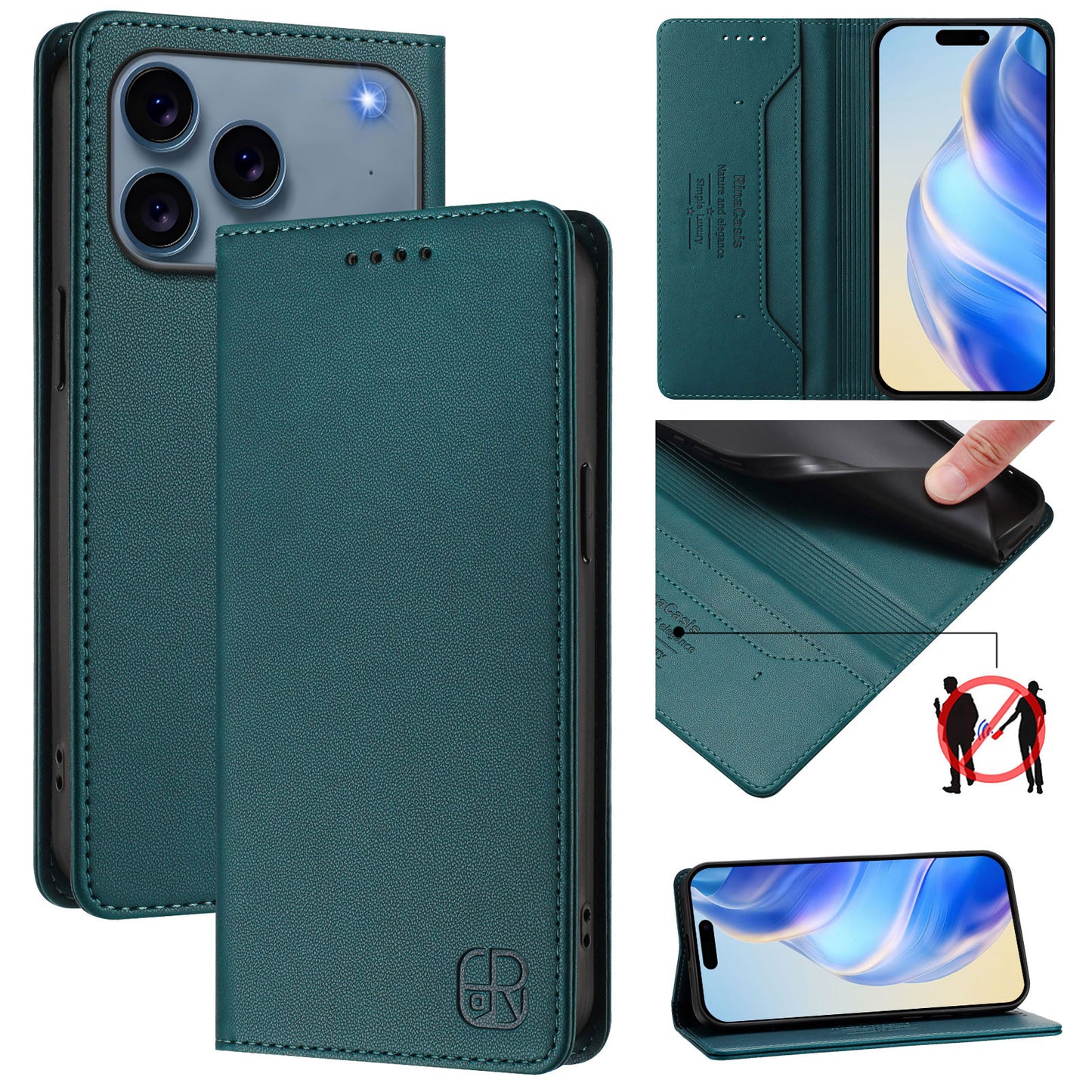 For iPhone 17 Pro Max Leather Case RINACASIS RC01 Phone Cover with RFID Blocking Wallet Stand - Dark Green