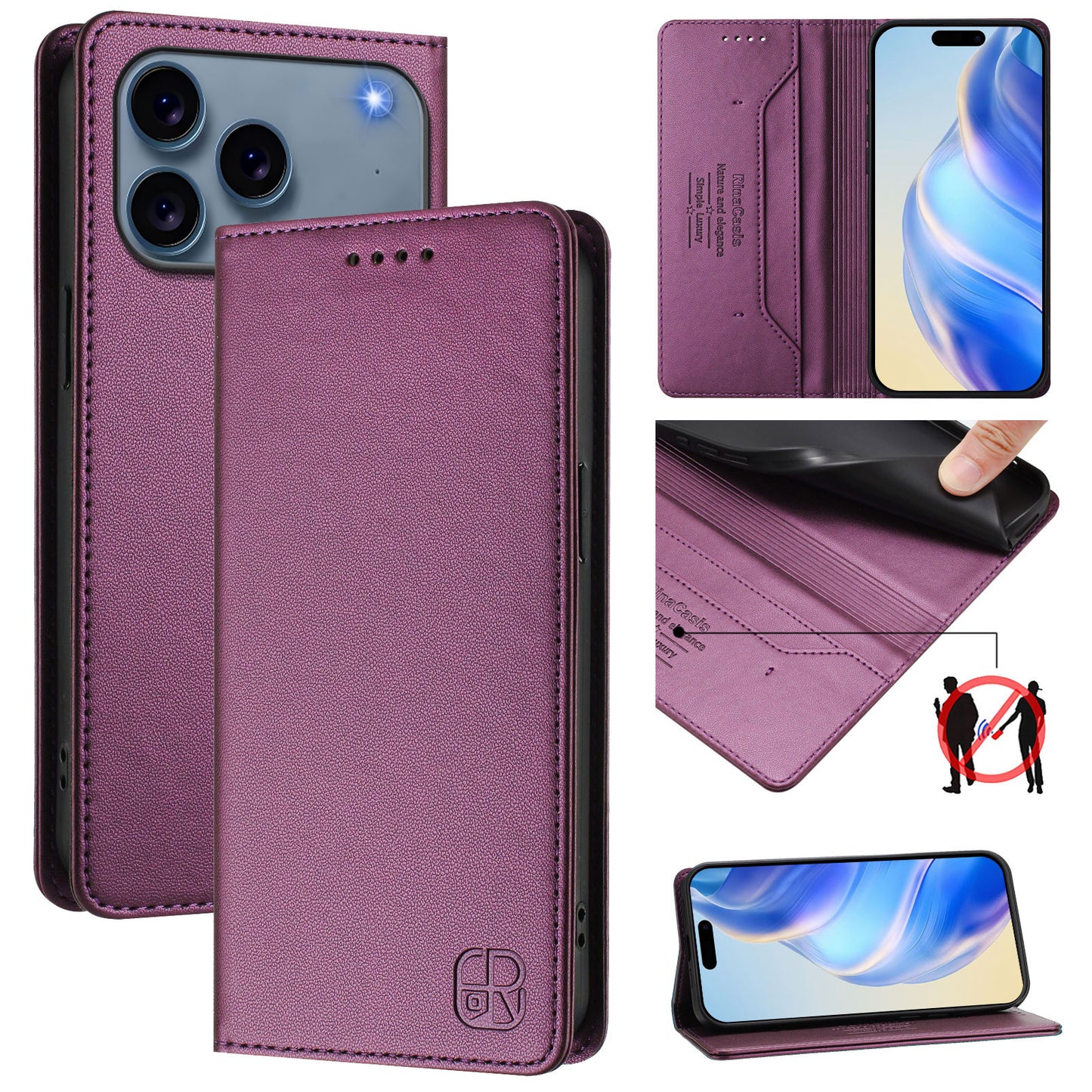 For iPhone 17 Pro Max Leather Case RINACASIS RC01 Phone Cover with RFID Blocking Wallet Stand - Violet