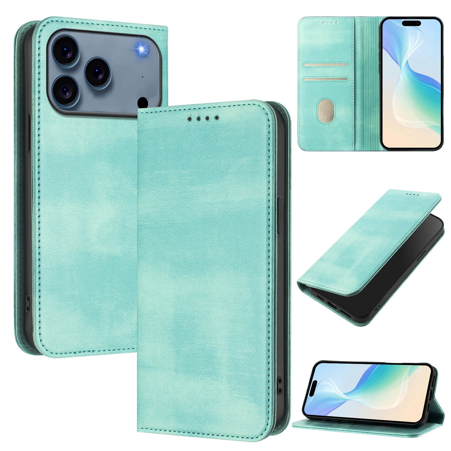 For iPhone 17 Pro Max Wallet Cases Retro Texture RFID Blocking Leather Phone Cover - Mint Green