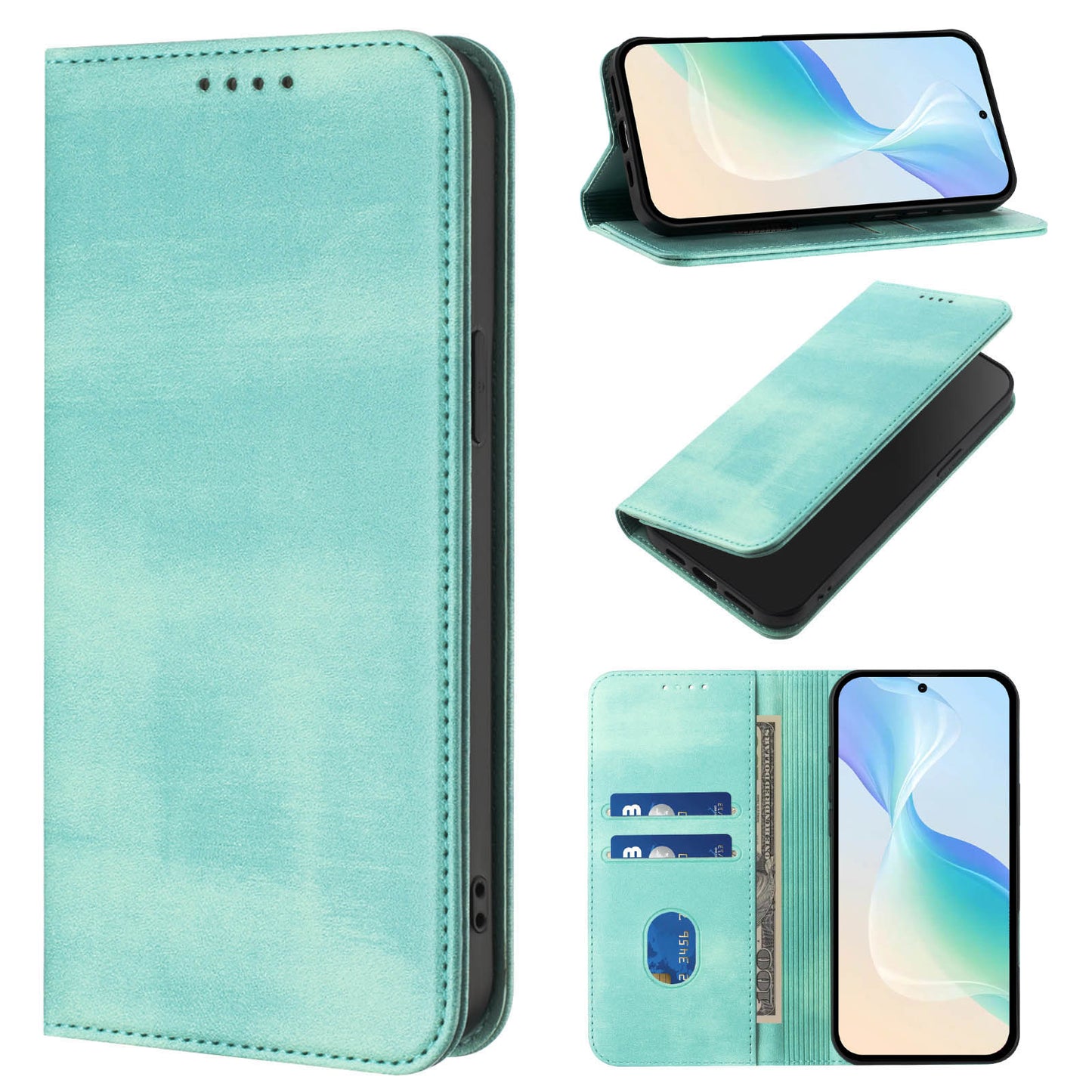 For iPhone 17 Pro Max Wallet Cases Retro Texture RFID Blocking Leather Phone Cover - Mint Green