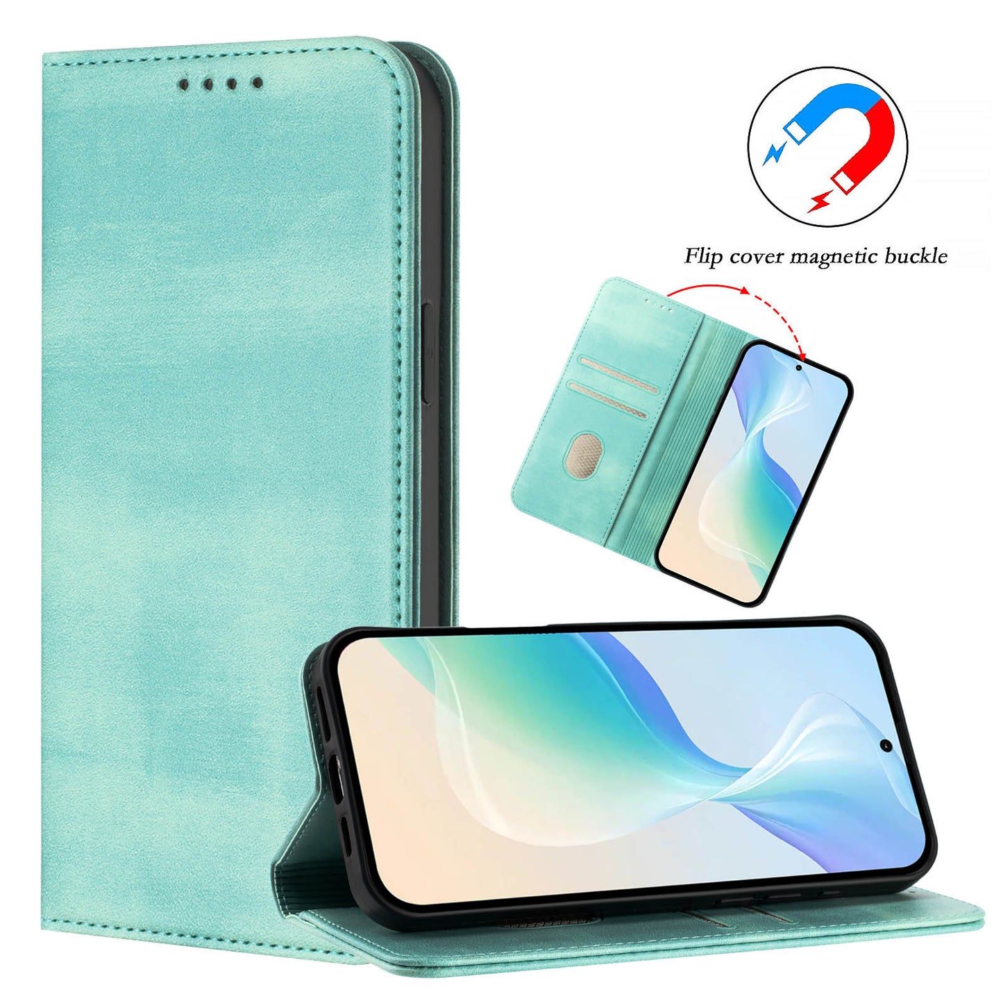 For iPhone 17 Pro Max Wallet Cases Retro Texture RFID Blocking Leather Phone Cover - Mint Green