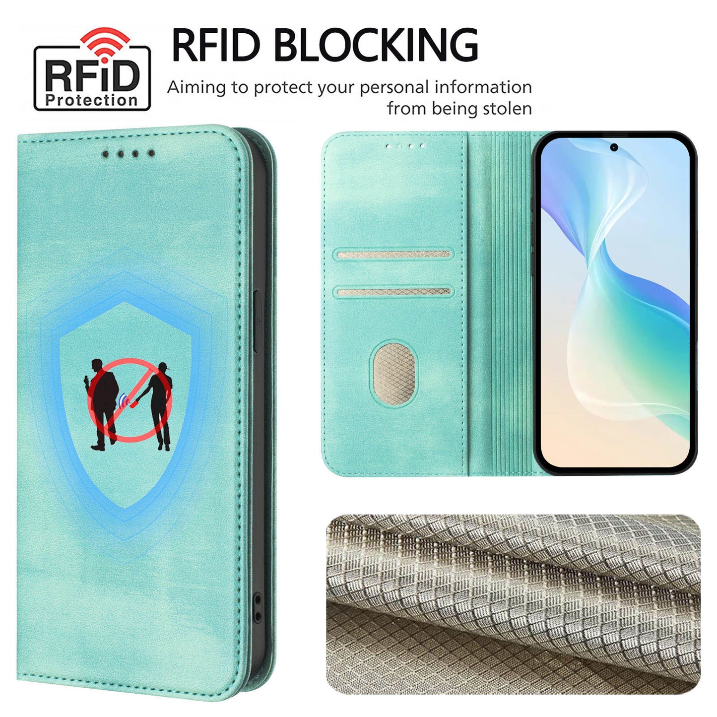 For iPhone 17 Pro Max Wallet Cases Retro Texture RFID Blocking Leather Phone Cover - Mint Green